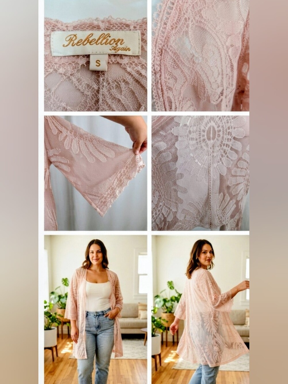 Rebellion Again Light Pink Lace Knit Kimono Cardigan Tunic - Small